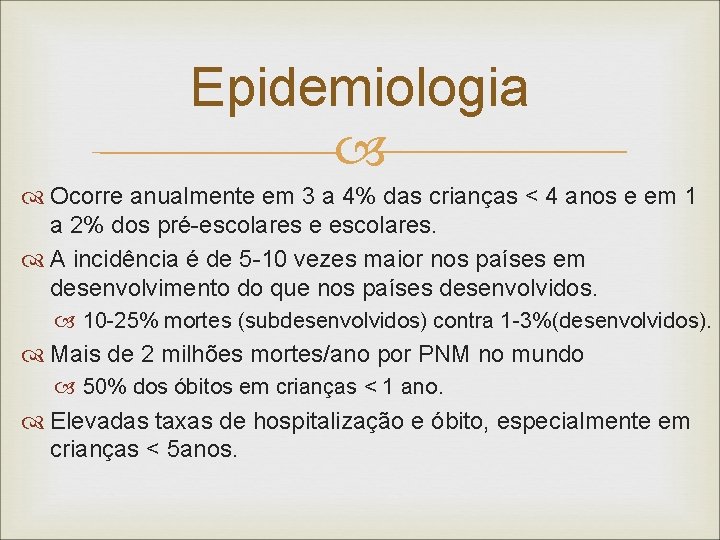 Epidemiologia Ocorre anualmente em 3 a 4% das crianças < 4 anos e em