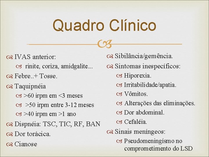 Quadro Clínico IVAS anterior: rinite, coriza, amidgalite. . . Febre. . + Tosse. Taquipnéia