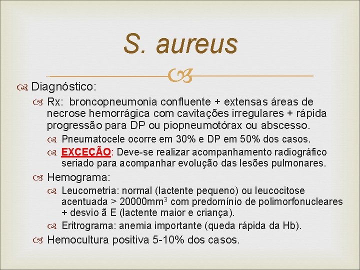  Diagnóstico: S. aureus Rx: broncopneumonia confluente + extensas áreas de necrose hemorrágica com