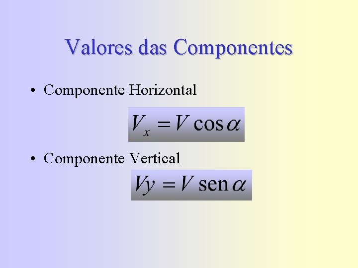 Valores das Componentes • Componente Horizontal • Componente Vertical 