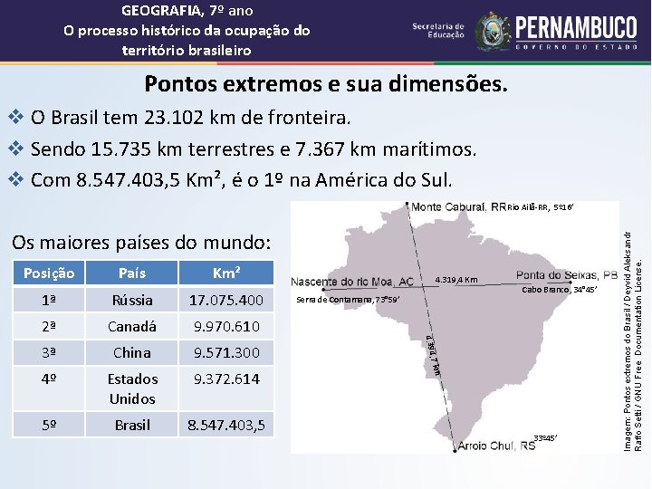 GEOGRAFIA, 7º ano O processo histórico da ocupação do território brasileiro Pontos extremos e