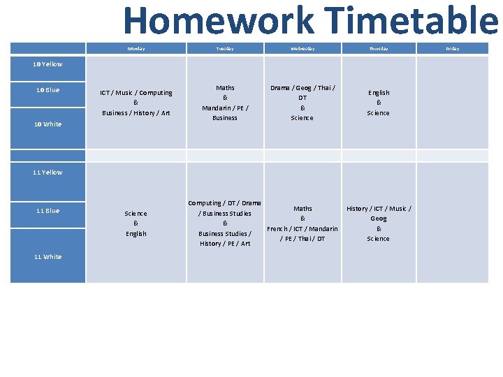 Homework Timetable 10 Yellow 10 Blue 10 White Monday Tuesday Wednesday Thursday Friday ICT