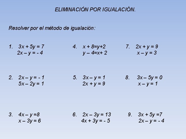 ELIMINACIÓN POR IGUALACIÒN. Resolver por el método de igualación: 1. 3 x + 5