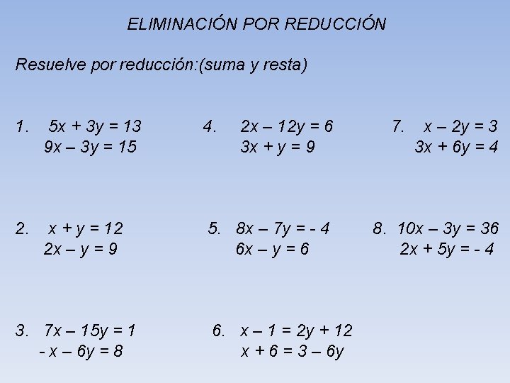 ELIMINACIÓN POR REDUCCIÓN Resuelve por reducción: (suma y resta) 1. 5 x + 3