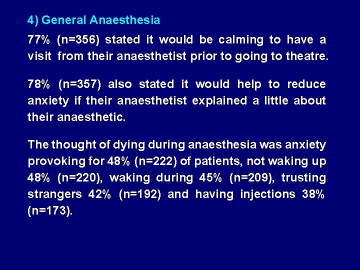 4) General Anaesthesia 77% (n=356) stated it would be calming to have a visit