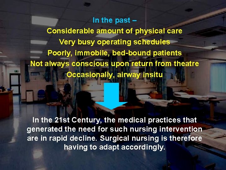 In the past – Considerable amount of physical care Very busy operating schedules Poorly,