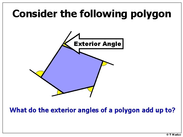 Consider the following polygon Exterior Angle What do the exterior angles of a polygon