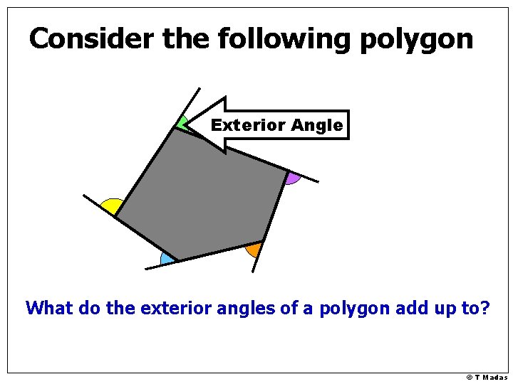 Consider the following polygon Exterior Angle What do the exterior angles of a polygon