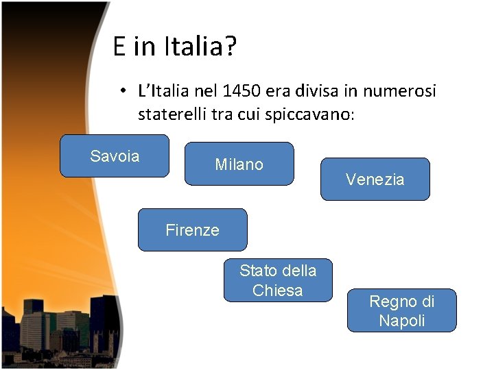 E in Italia? • L’Italia nel 1450 era divisa in numerosi staterelli tra cui