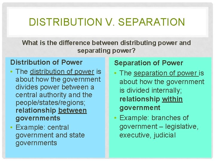 DISTRIBUTION V. SEPARATION What is the difference between distributing power and separating power? Distribution