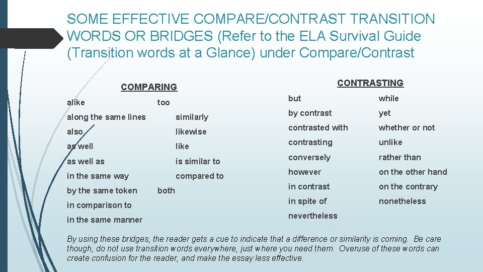 SOME EFFECTIVE COMPARE/CONTRAST TRANSITION WORDS OR BRIDGES (Refer to the ELA Survival Guide (Transition