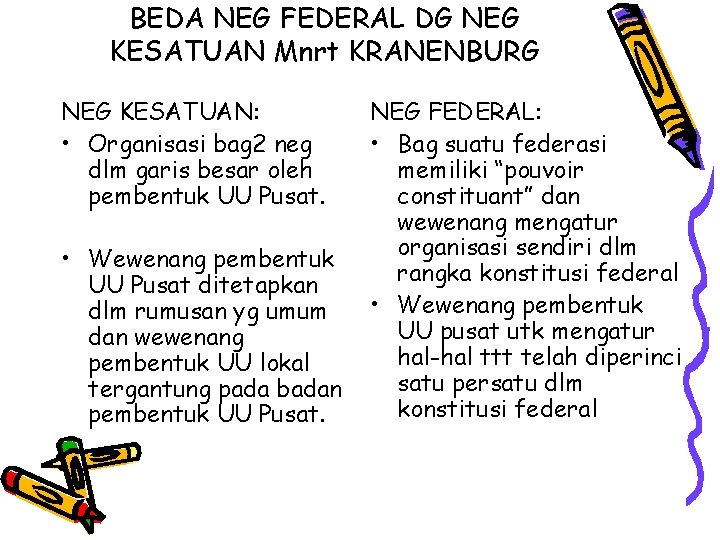 BEDA NEG FEDERAL DG NEG KESATUAN Mnrt KRANENBURG NEG KESATUAN: • Organisasi bag 2