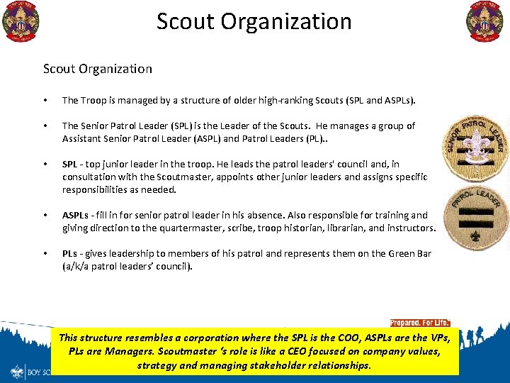 Scout Organization • The Troop is managed by a structure of older high-ranking Scouts
