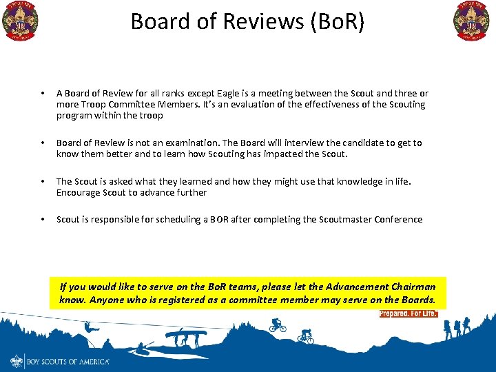 Board of Reviews (Bo. R) • A Board of Review for all ranks except