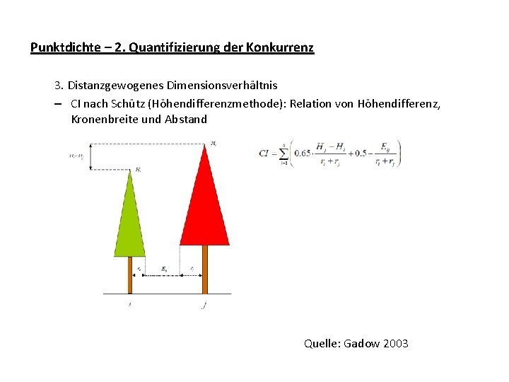 Punktdichte – 2. Quantifizierung der Konkurrenz 3. Distanzgewogenes Dimensionsverhältnis – CI nach Schütz (Höhendifferenzmethode):