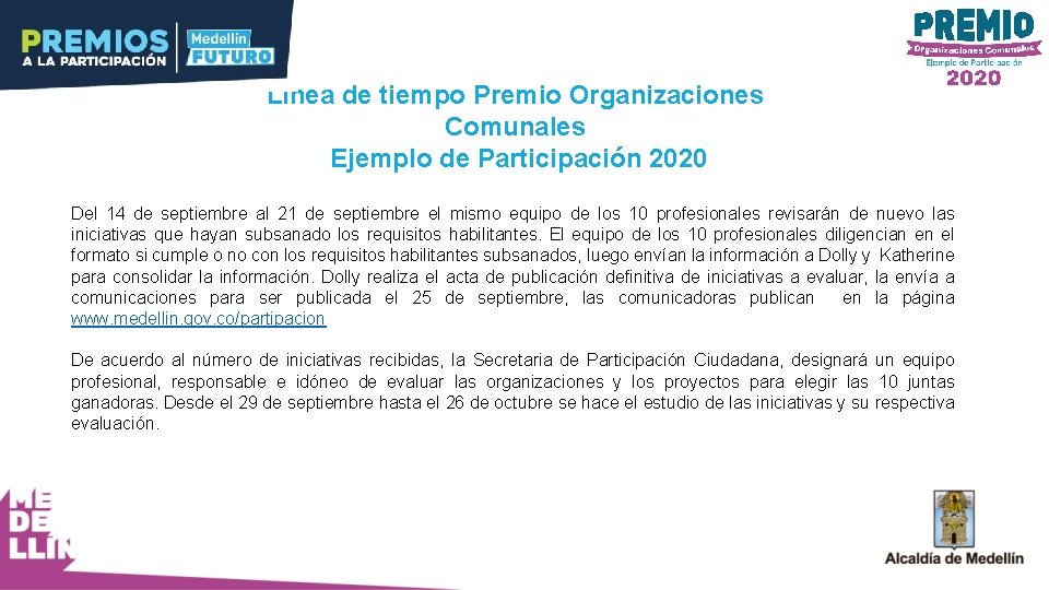 Línea de tiempo Premio Organizaciones Comunales Ejemplo de Participación 2020 Del 14 de septiembre