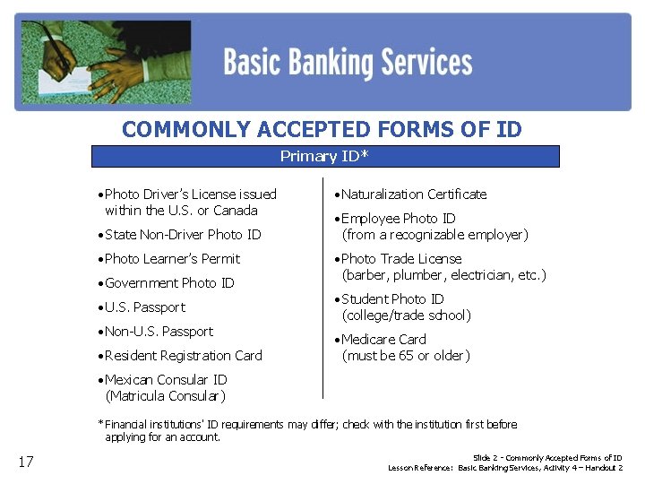 COMMONLY ACCEPTED FORMS OF ID Primary ID* • Photo Driver’s License issued within the