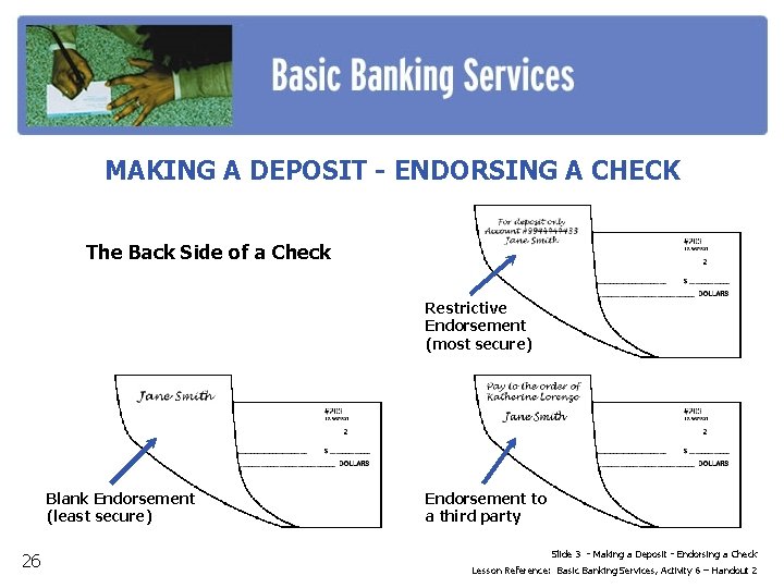 MAKING A DEPOSIT - ENDORSING A CHECK The Back Side of a Check Restrictive