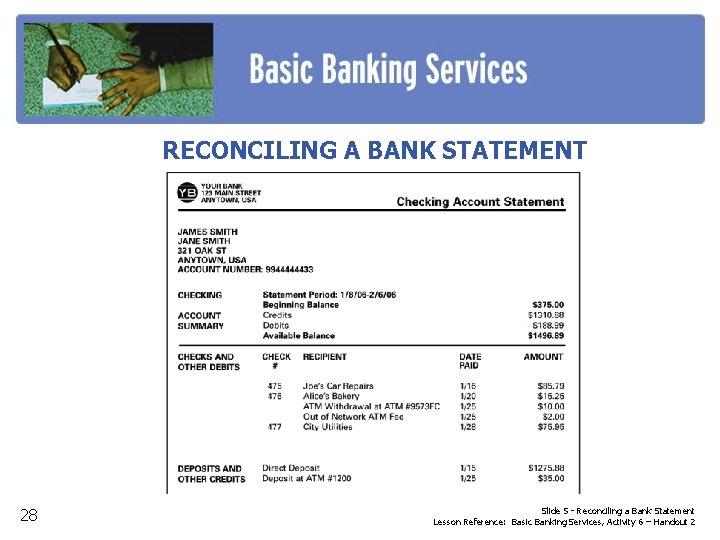 RECONCILING A BANK STATEMENT 28 Slide 5 - Reconciling a Bank Statement Lesson Reference: