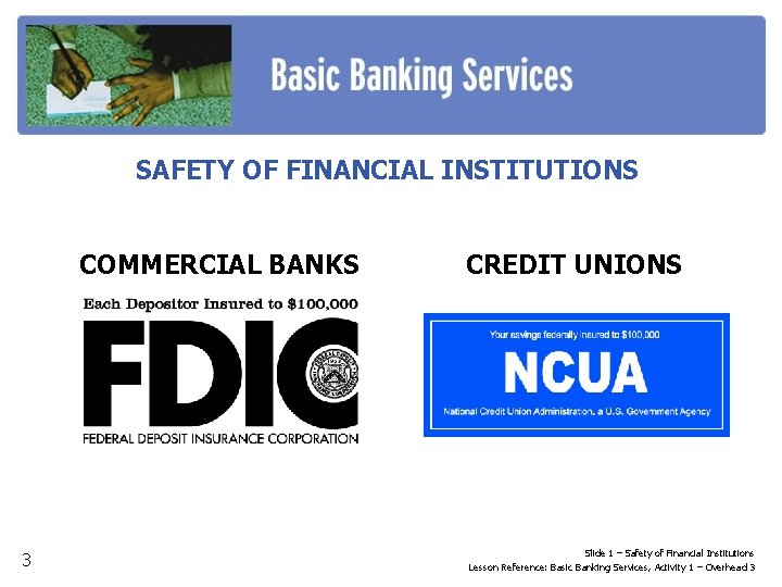 SAFETY OF FINANCIAL INSTITUTIONS COMMERCIAL BANKS 3 CREDIT UNIONS Slide 1 – Safety of