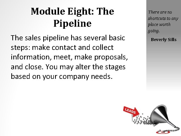 Module Eight: The Pipeline The sales pipeline has several basic steps: make contact and