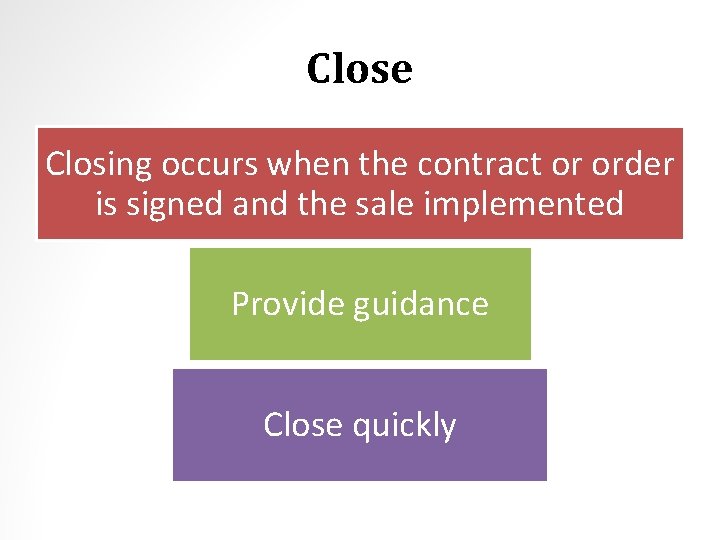 Close Closing occurs when the contract or order is signed and the sale implemented