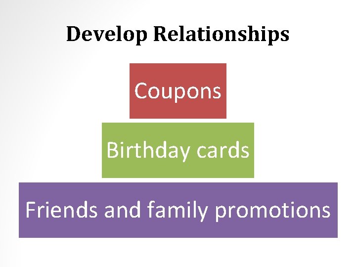 Develop Relationships Coupons Birthday cards Friends and family promotions 