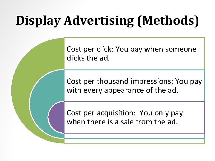 Display Advertising (Methods) Cost per click: You pay when someone clicks the ad. Cost