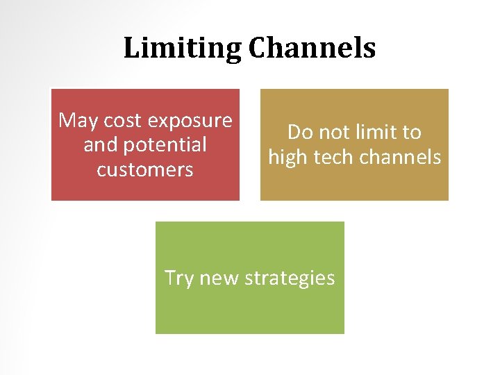 Limiting Channels May cost exposure and potential customers Do not limit to high tech