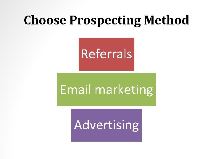 Choose Prospecting Method Referrals Email marketing Advertising 