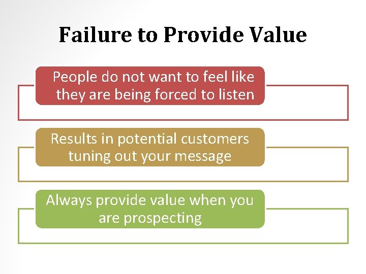 Failure to Provide Value People do not want to feel like they are being