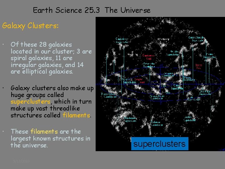 Earth Science 25. 3 The Universe Galaxy Clusters: Of these 28 galaxies located in