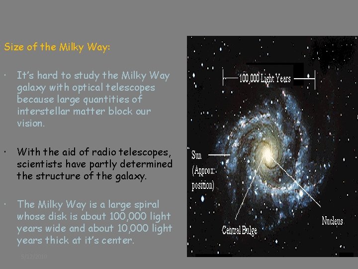 Size of the Milky Way: It’s hard to study the Milky Way galaxy with