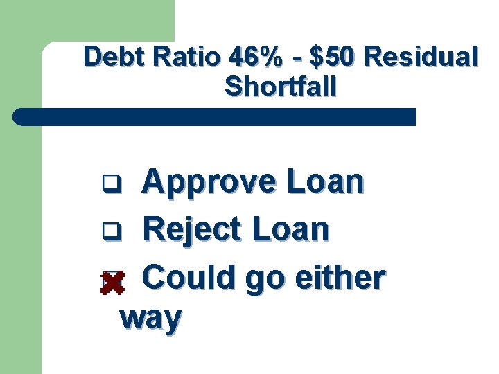 Debt Ratio 46% - $50 Residual Shortfall Approve Loan q Reject Loan q Could