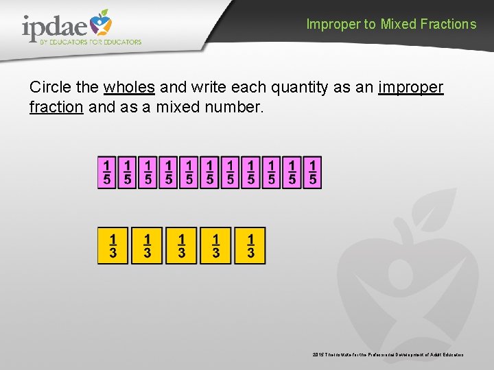 Improper to Mixed Fractions Circle the wholes and write each quantity as an improper