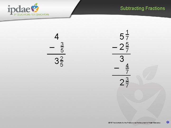 Subtracting Fractions 4 3 – 5 2 35 – – 1 57 5 27