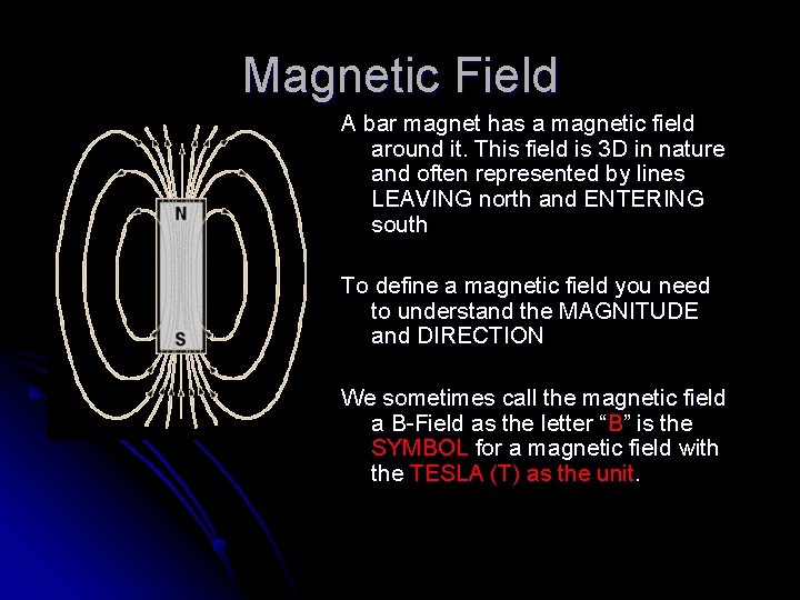 Magnetic Field A bar magnet has a magnetic field around it. This field is