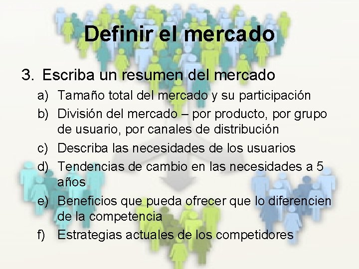 Definir el mercado 3. Escriba un resumen del mercado a) Tamaño total del mercado