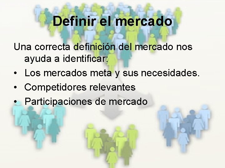 Definir el mercado Una correcta definición del mercado nos ayuda a identificar: • Los