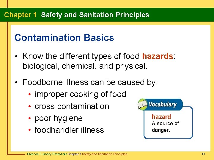 Chapter 1 Safety and Sanitation Principles Contamination Basics • Know the different types of