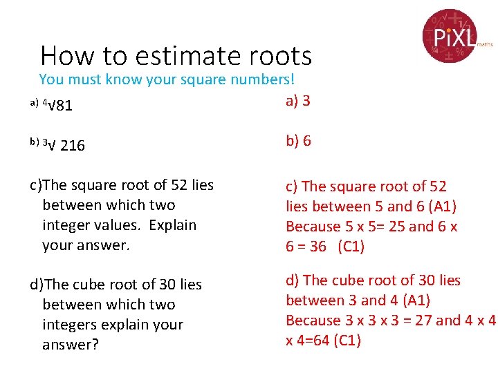 How to estimate roots You must know your square numbers! a) 3 a) 4√ How to estimate roots You must know your square numbers! a) 3 a) 4√