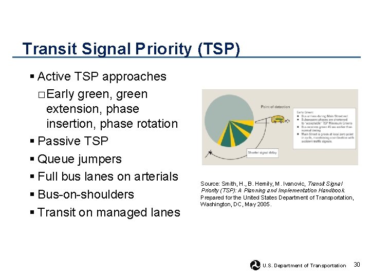 Transit Signal Priority (TSP) § Active TSP approaches □Early green, green extension, phase insertion,