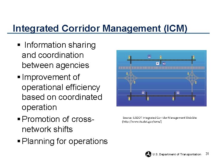 Integrated Corridor Management (ICM) § Information sharing and coordination between agencies § Improvement of