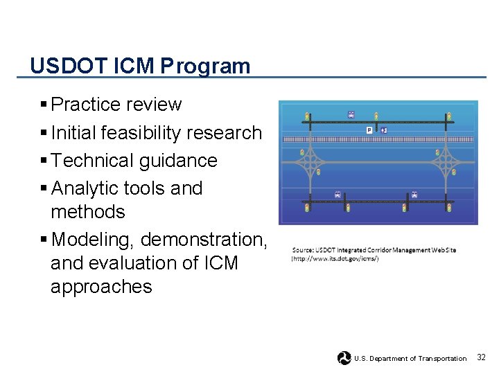  USDOT ICM Program § Practice review § Initial feasibility research § Technical guidance