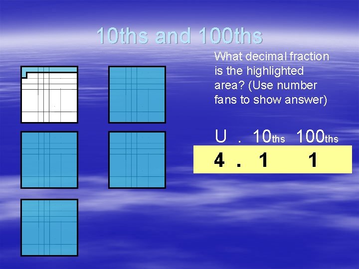 10 ths and 100 ths What decimal fraction is the highlighted area? (Use number