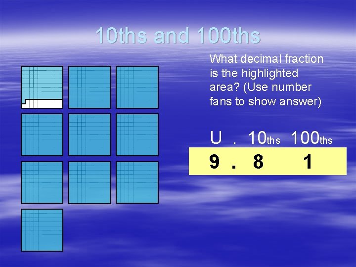 10 ths and 100 ths What decimal fraction is the highlighted area? (Use number