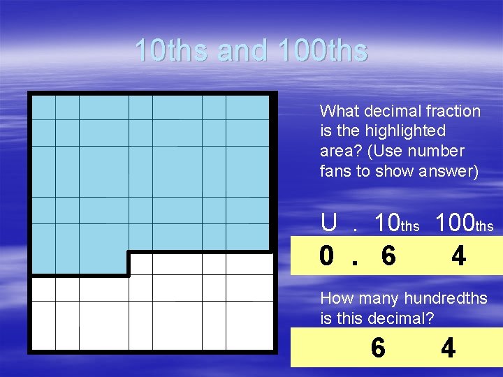 10 ths and 100 ths What decimal fraction is the highlighted area? (Use number