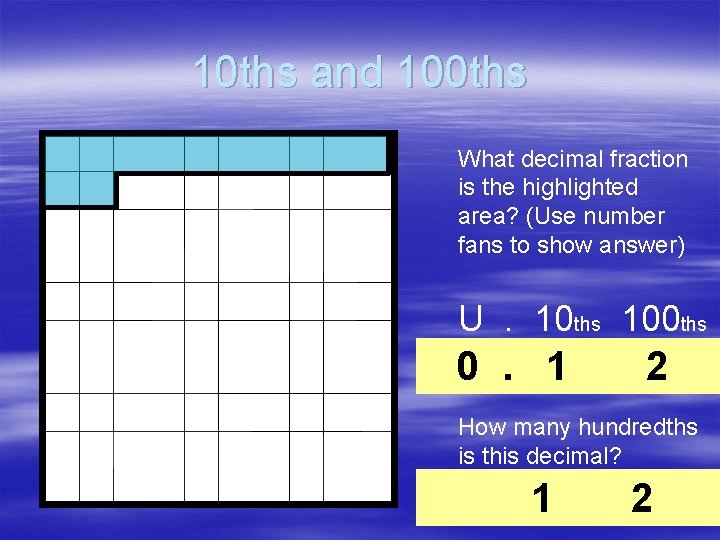 10 ths and 100 ths What decimal fraction is the highlighted area? (Use number