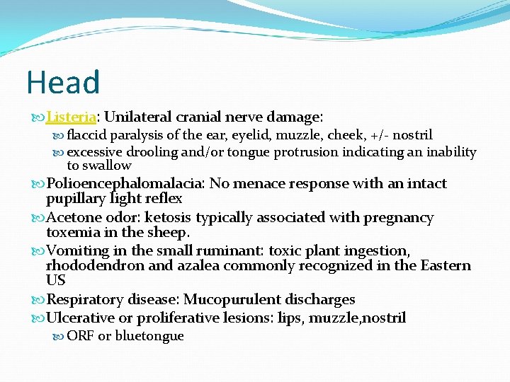 Head Listeria: Unilateral cranial nerve damage: flaccid paralysis of the ear, eyelid, muzzle, cheek,