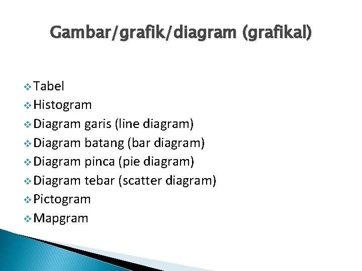 Gambar/grafik/diagram (grafikal) v Tabel v Histogram v Diagram garis (line diagram) v Diagram batang